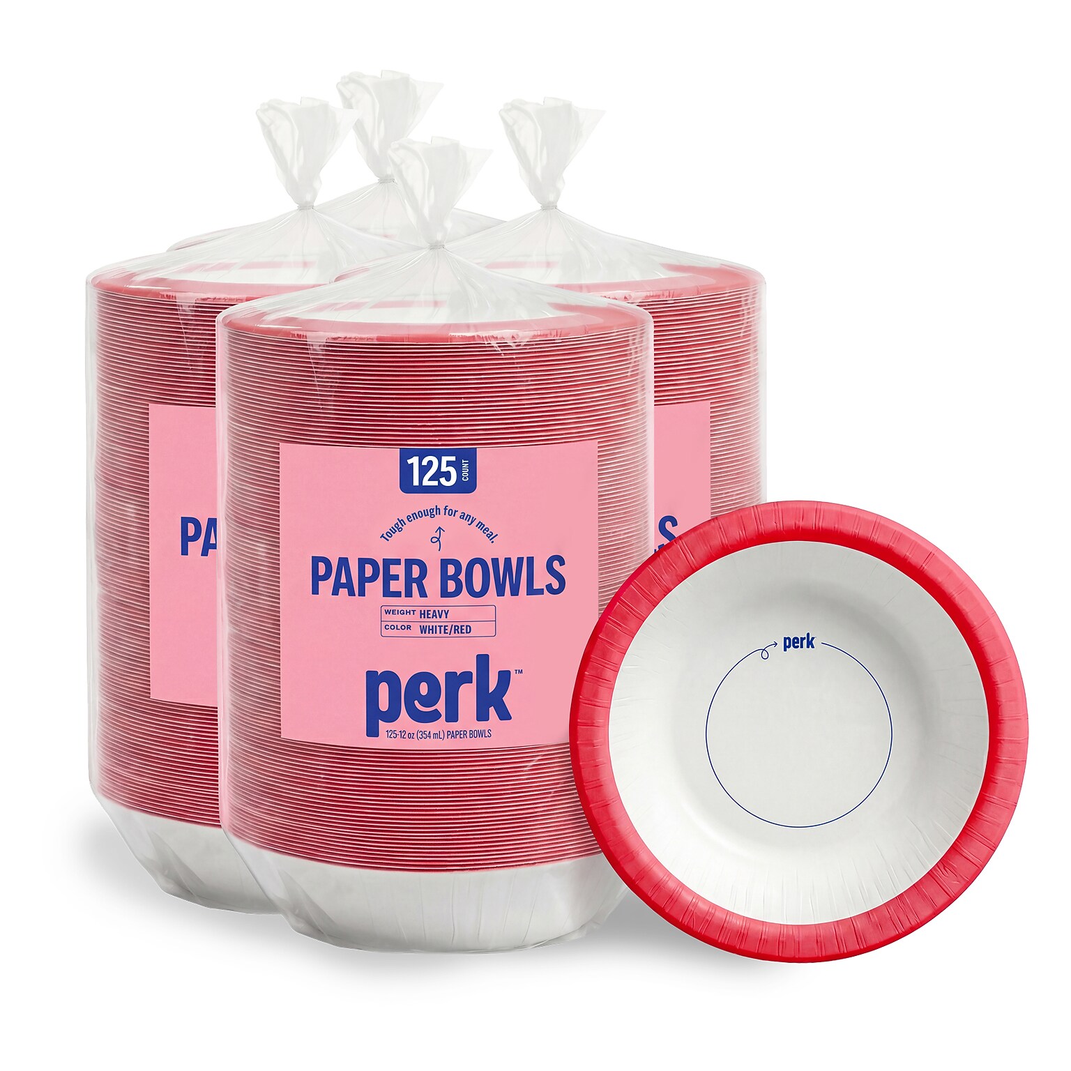 Perk™ Heavy-Weight Paper Bowls, 12 Oz., White/Red, 500/Carton (PK54332)