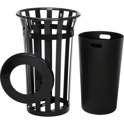 Global Industrial Outdoor Slatted Steel Trash Can w/ Flat Lid & Liner, 24 Gallon, Black (237725BK)