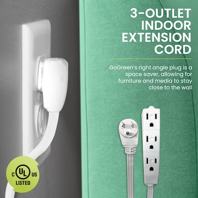 GoGreen Power 15' Extension Cord, 3-Outlet, 16 AWG, White (GG-19615)