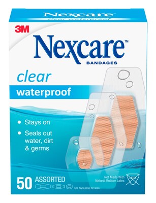 Nexcare Waterproof Ahesive Bandages, AssortedSized, Clear, 50/Box (432-50)