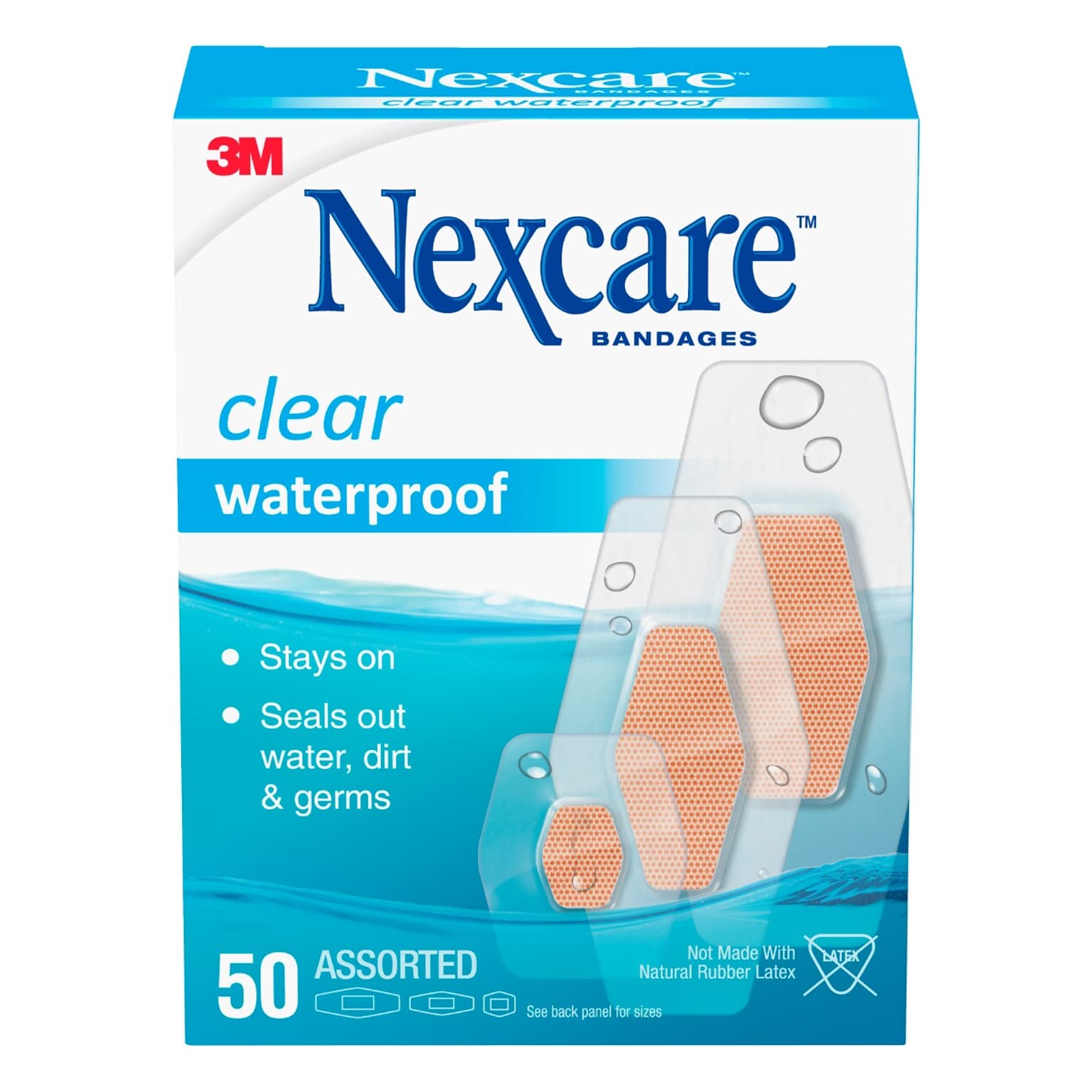 Nexcare Waterproof Ahesive Bandages, AssortedSized, Clear, 50/Box (432-50)
