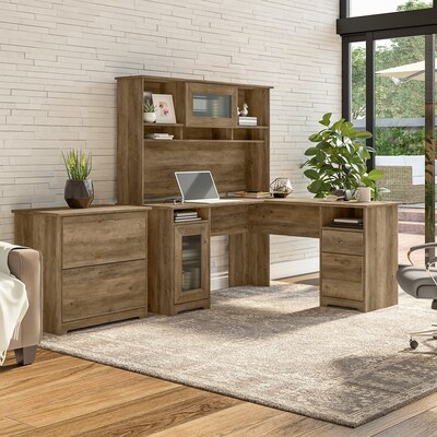 Bush Furniture Cabot 60W L Shaped Computer Desk with Hutch and Lateral File Cabinet, Reclaimed Pine