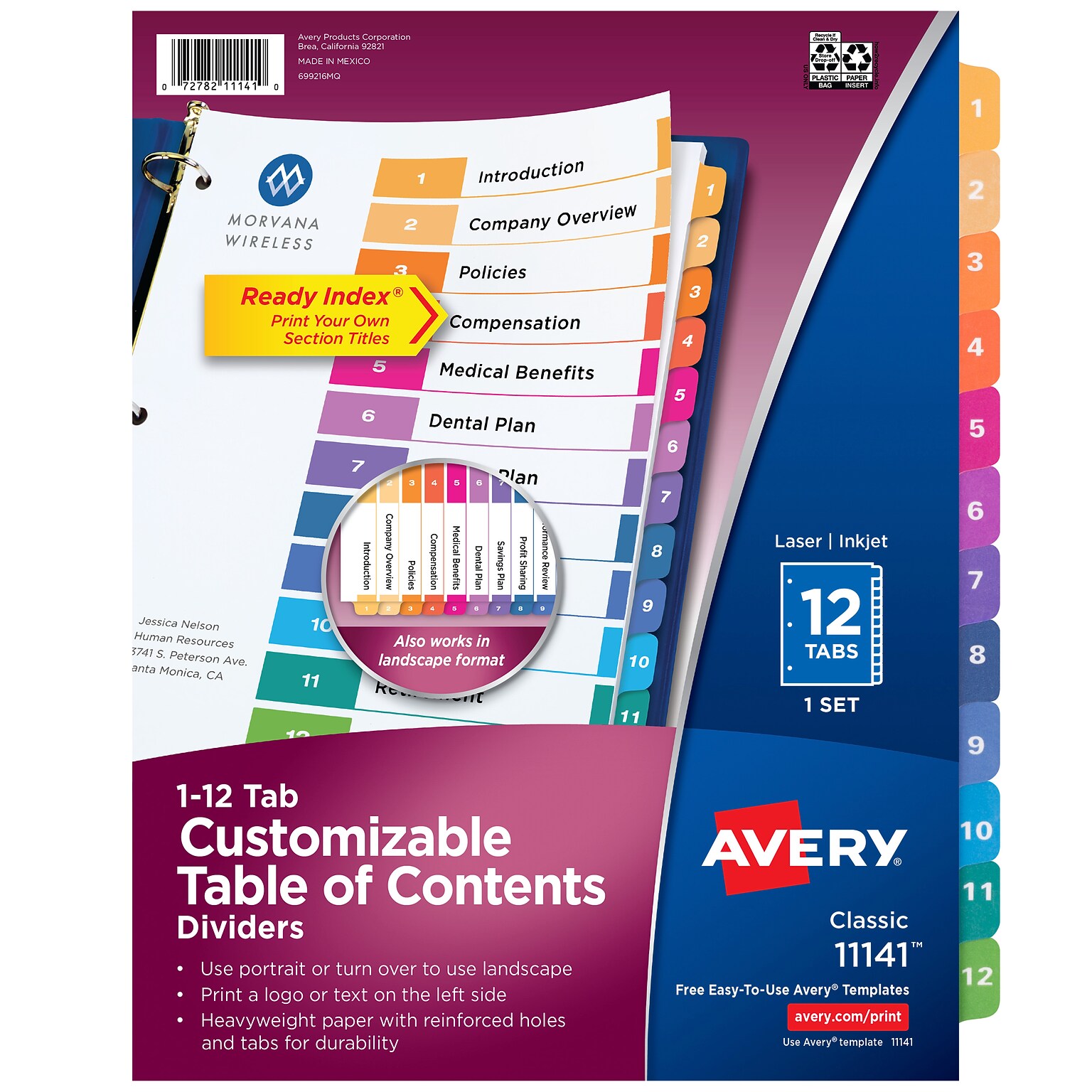 Avery Ready Index Table of Contents Pre-Printed Numeric Paper Divider, 12 Tabs, Multicolor, 1 Set (11141)