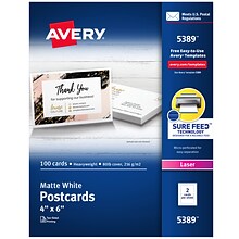 Avery® 4 x 6 Laser Postcards, Heavy Card Stock, White, 100/Box (05389)