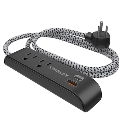STANLEY SurgeMax 2-Outlet Surge Protector Power Strip with 2-USB Ports & Braided Fabric Cord, 6-ft., 300 Joules, Black (33255)