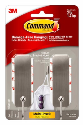 Command Medium Decorative Hooks, 3 lb., Silver, 2/Pack (17034BN-2ES)