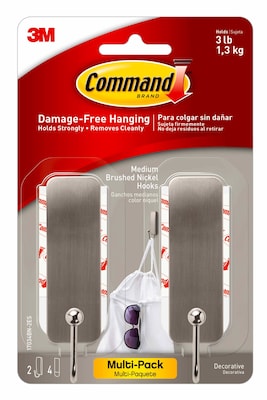 Command Medium Brushed Nickel Hooks, 2 Hooks/Pack (17034BN-2ES)