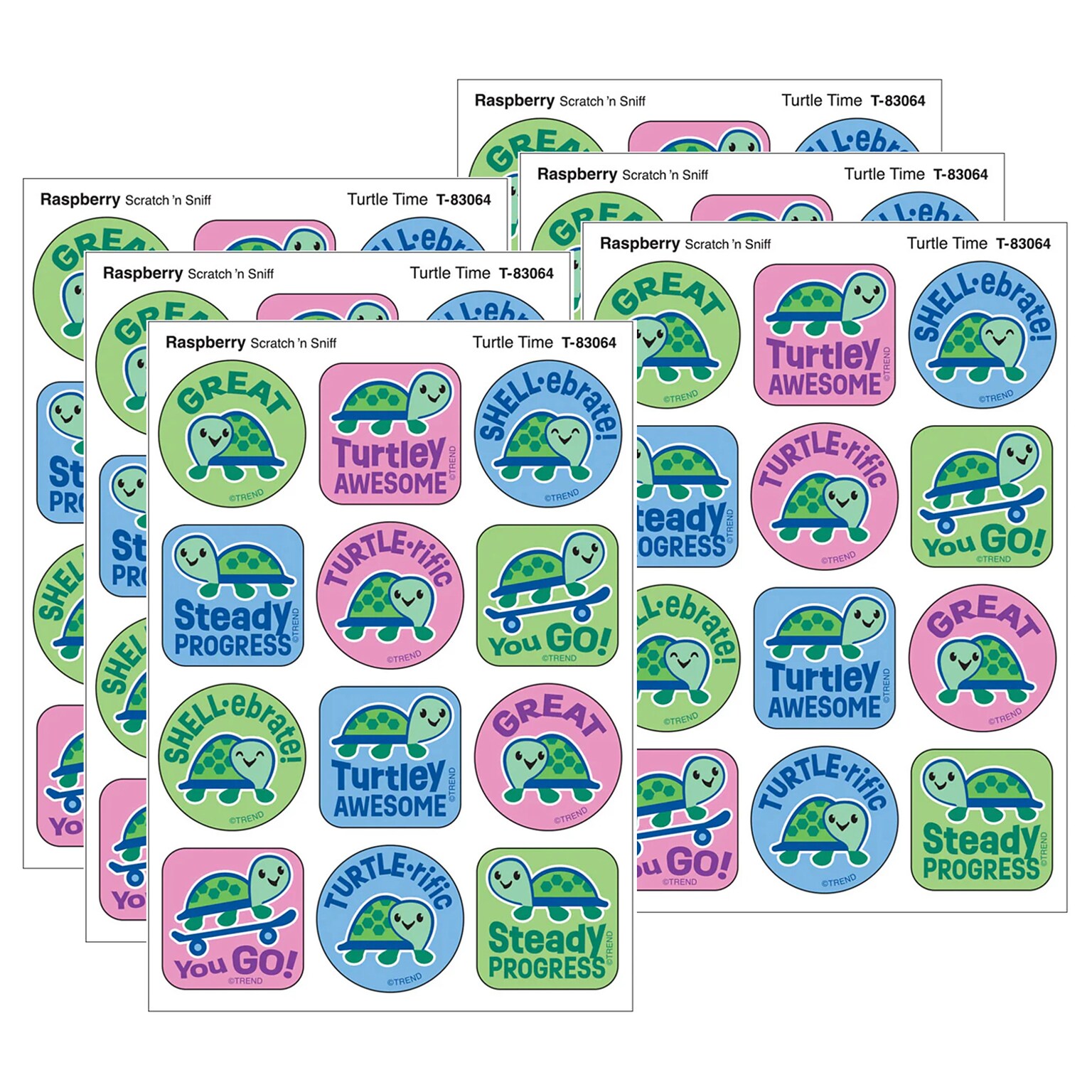 Trend Enterprises Turtle Time Raspberry Scent Scratch n Sniff Stinky Stickers, Multicolored, 48/Pack, 6/Packs/Bundle