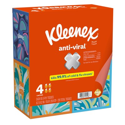 Kleenex Antiviral Facial Tissue, 3-ply, 55 Tissues/Box, 4 Boxes/Pack (54506)