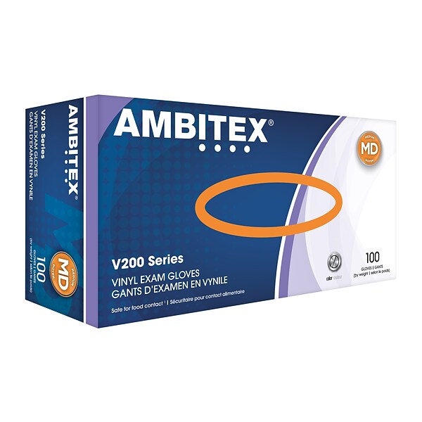 Ambitex V200 Series Powder Free Clear Vinyl Gloves, Medium, 100/Box (VMD200)
