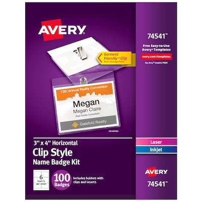 Avery Clip Style Laser/Inkjet Name Badge Kit, 3 x 4, Clear Holders with White Inserts, 100/Box (74