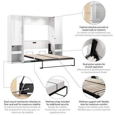 Bestar Avalon Full Murphy Bed and Storage Cabinets with Pull-Out Shelf (101W) - High-Gloss White