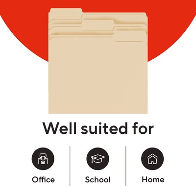 Staples File Folders, Letter Size, 1/3-Cut Tabs, Assorted Positions, Manila, Durable Paper Stock, 50/Pack