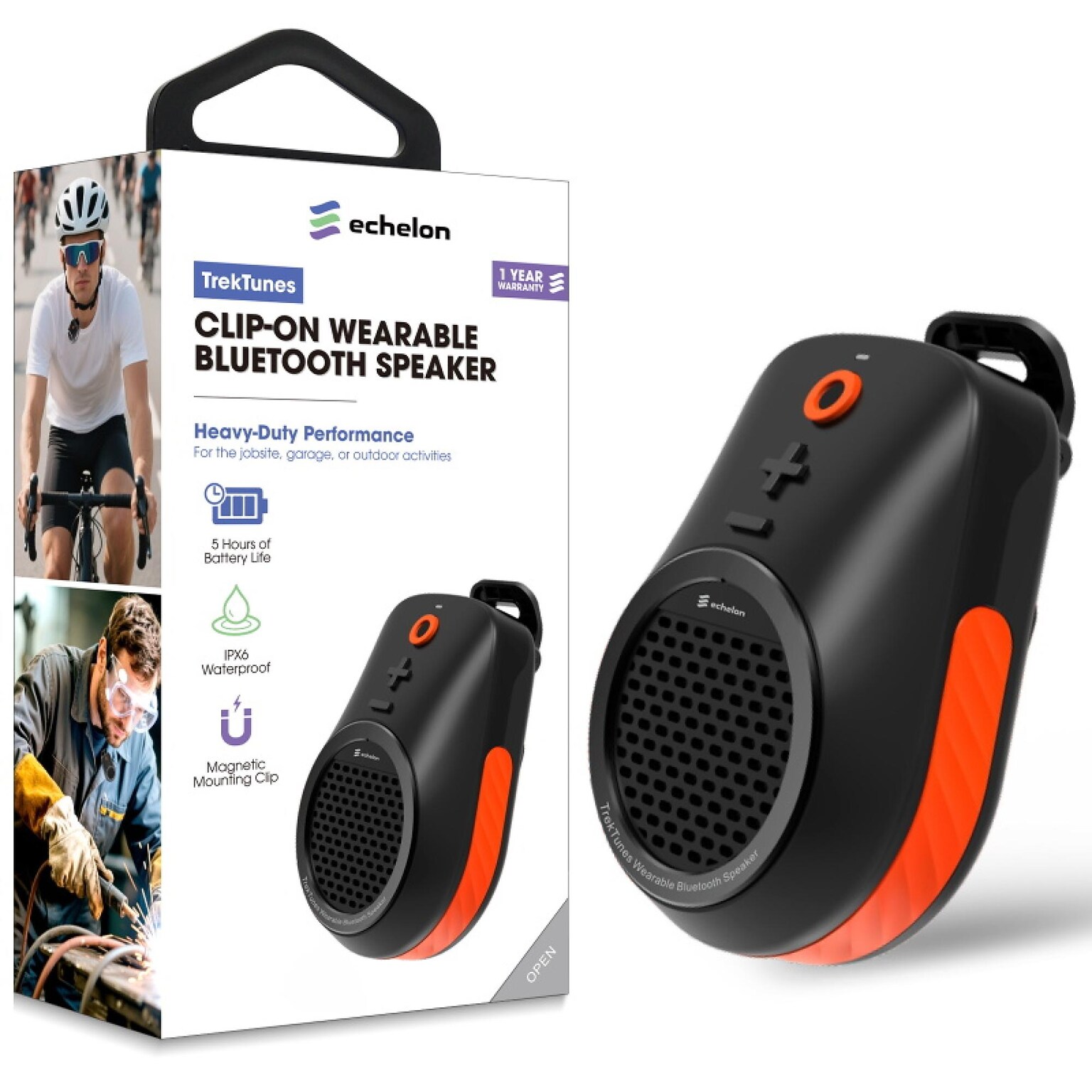 Clip-On Wearable Wireless Speaker Ultra-Light IPX6 Waterproof Black Orange