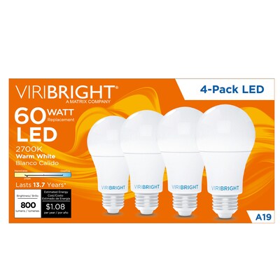 Viribright A19 9 Watts Warm White LED Household Bulb, 12/Pack (640338-12)