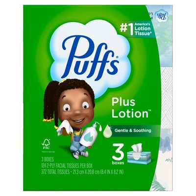Puffs Plus Lotion Facial Tissue, 2-ply, 124 Tissues/Box, 3 Boxes/Pack (39363)