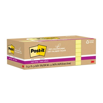Post-it Recycled Super Sticky Notes, 3 x 3, Canary Collection, 70 Sheets/Pad, 12 Pads/Pack (654R-1