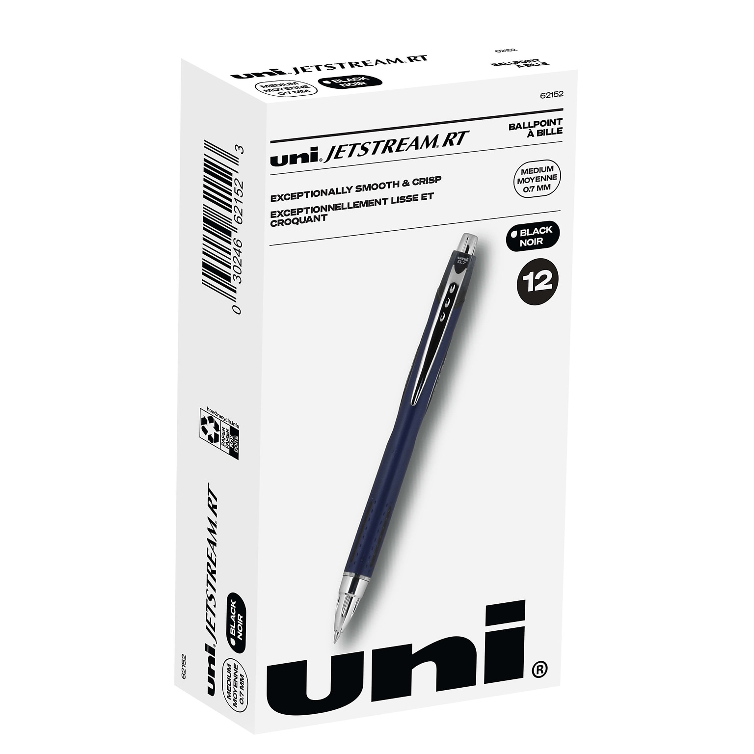 uni Jetstream RT Ballpoint Pens, Fine Point, 0.7mm, Black Ink, Dozen (62152)