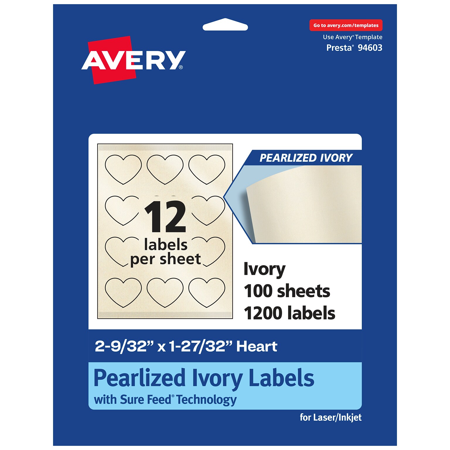 Avery Pearlized Ivory Heart Shaped Multipurpose Labels, 2-9/32 x 1-27/32, Ivory, 1200/Box (94603)