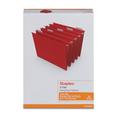 Staples® Hanging File Folders, 1/5-Cut Tab, Letter Size, Red, 25/Box (ST163535-CC)