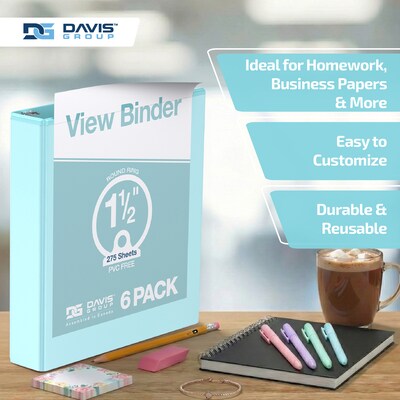 Davis Group, 1.5", 8.5" x 11", Round Ring View Binder, Pastel Color, Aqua, 6/Pack (7412-12-06)