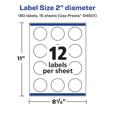 Avery Laser/Inkjet Round Multipurpose Labels, 2" Dia., White, 180 Labels/Pack (94501)