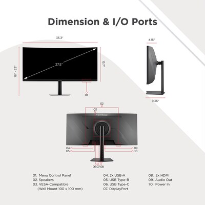 ViewSonic VG3820C Ultrawide 38" Curved WQHD+ 75Hz LCD Monitor, Universal Docking Station, Black (VG3820C)