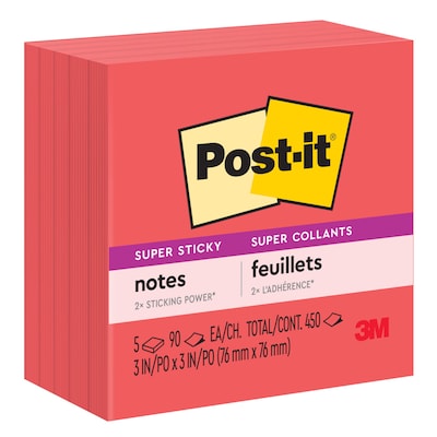 Post-it® Super Sticky Notes, 3 x 3, Red, 90 Sheets/Pad, 5 Pads/Pack (654-5SSRR)