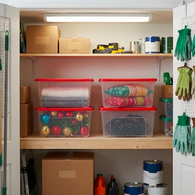 Iris Holiday Medium Stackable Plastic Storage Box, 10.5" x 14.4" x 18.5", 32 Qt., Clear/Red, 4/Pack (500532)