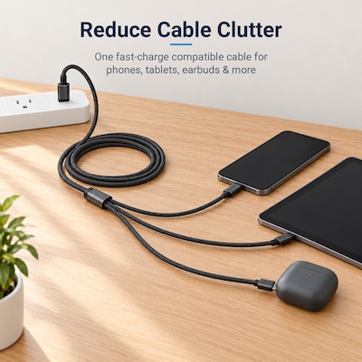 CODi Multi-Charging 4 ft. Braided USB-A Cable with USB-C/Micro USB/Lightning Connectors, Black (A01068)