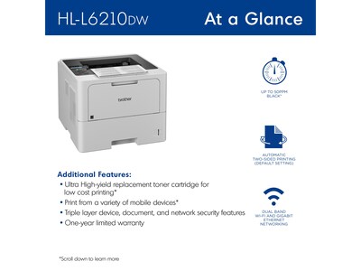 Brother Business Monochrome Laser Printer, Large Paper Capacity, Wireless Networking (HL-L6210DW)