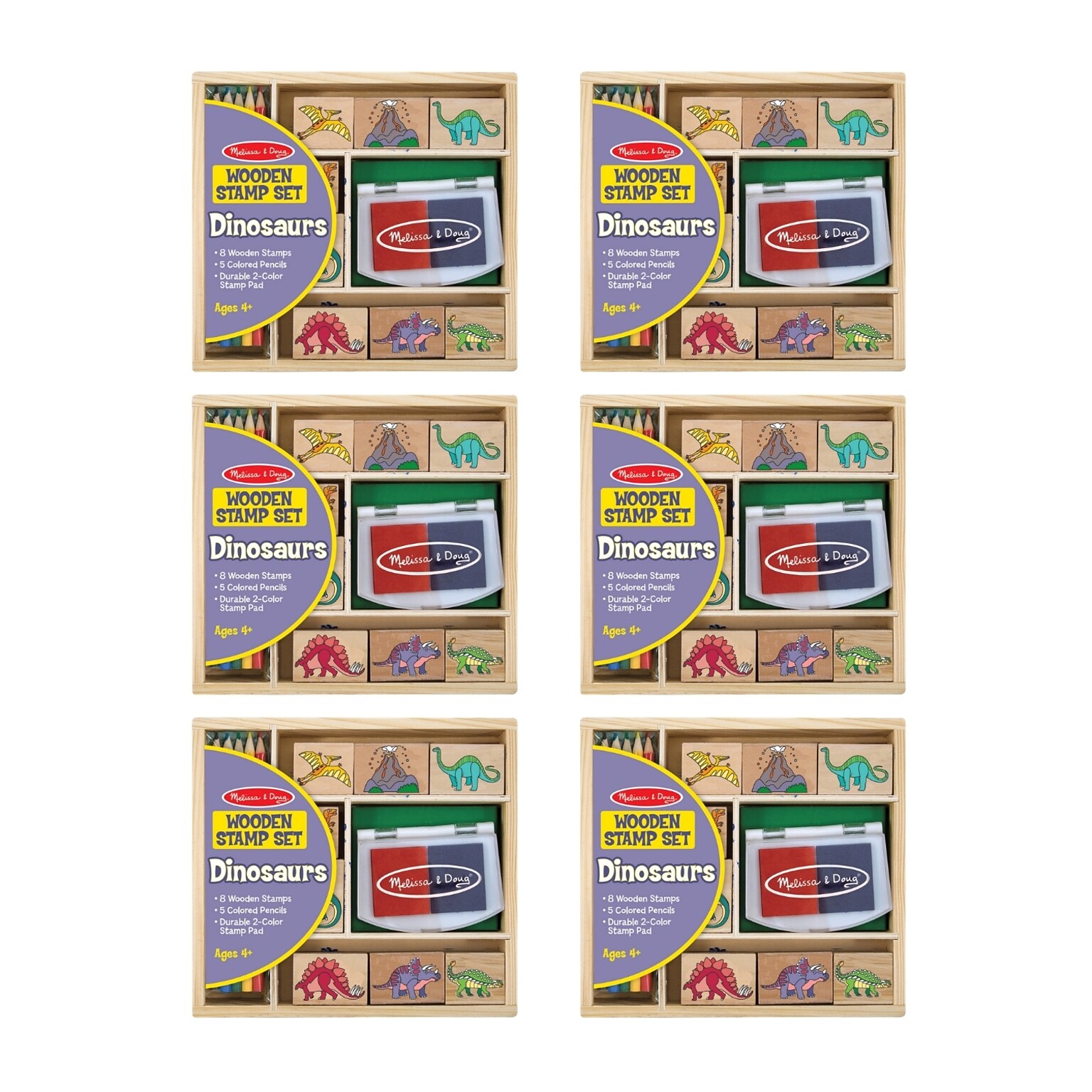 Melissa & Doug Dinosaurs Wooden Stamp Set, Assorted Colors, 6 Packs/Bundle (51174-CASE)
