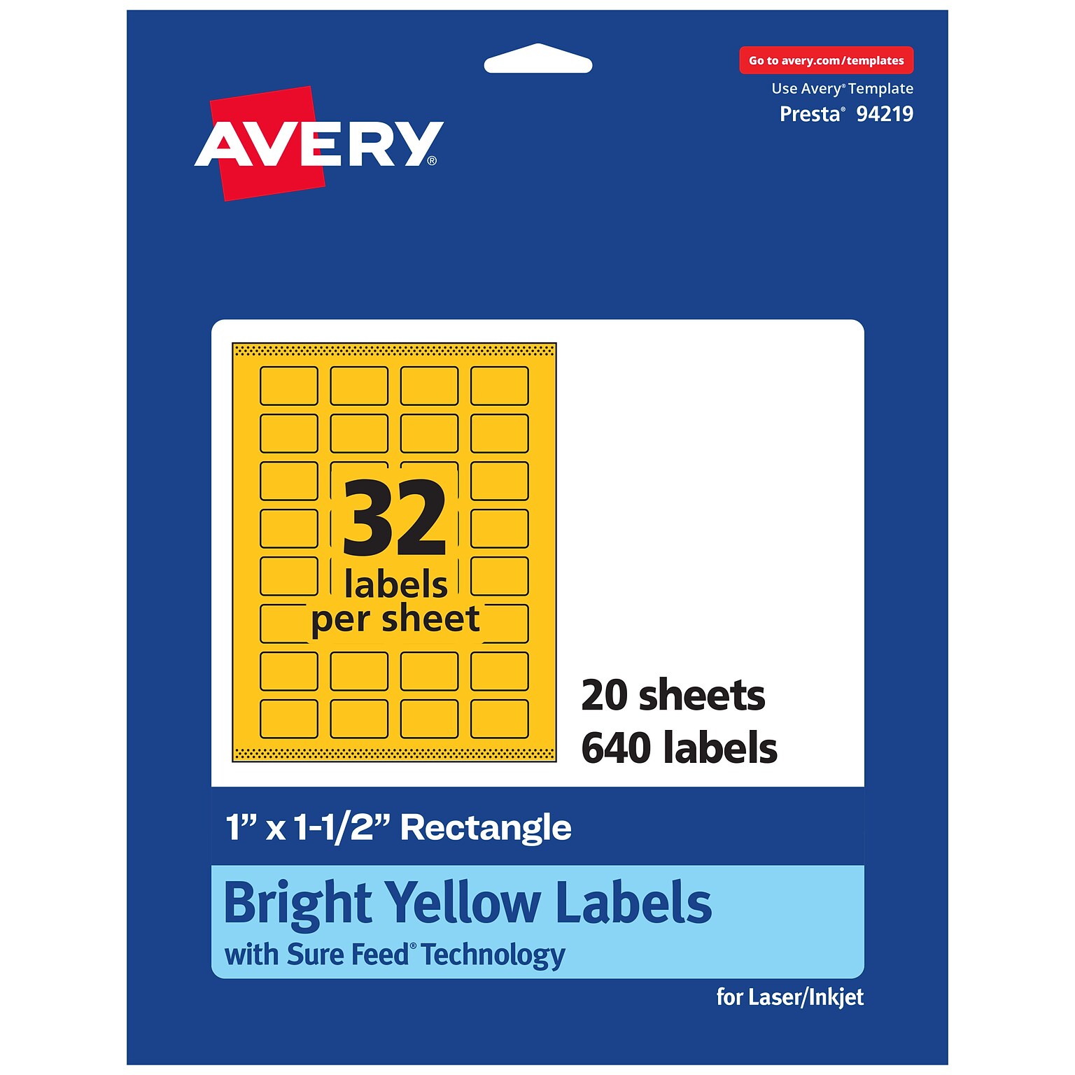 Avery Laser/Inkjet Rectangle Multipurpose Labels, 1 x 1.5, Bright Yellow, 640/Pack (94219)