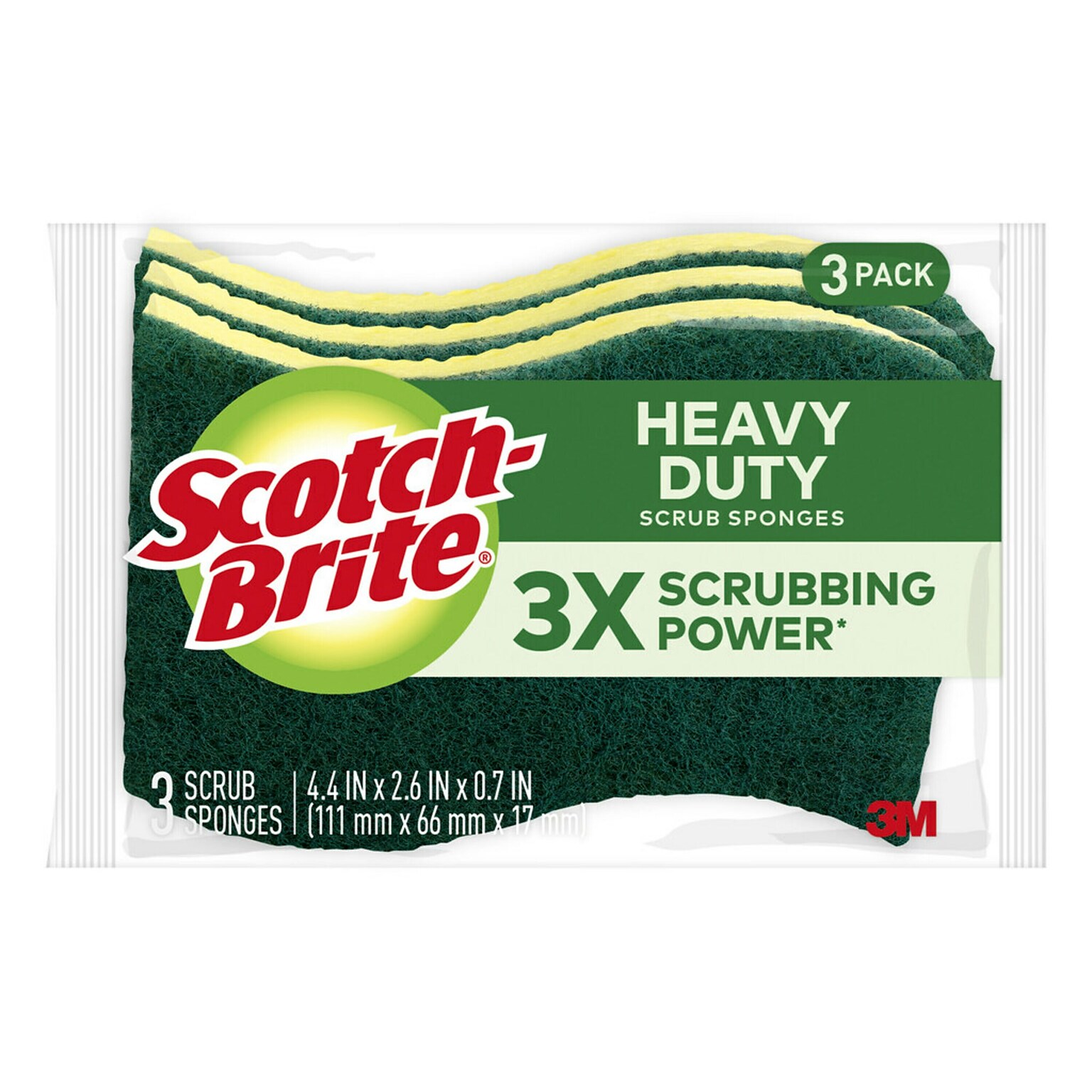 Scotch-Brite Heavy Duty Sponge with Scrubber, Green/Yellow, 3 Sponges/Pack (HD3)