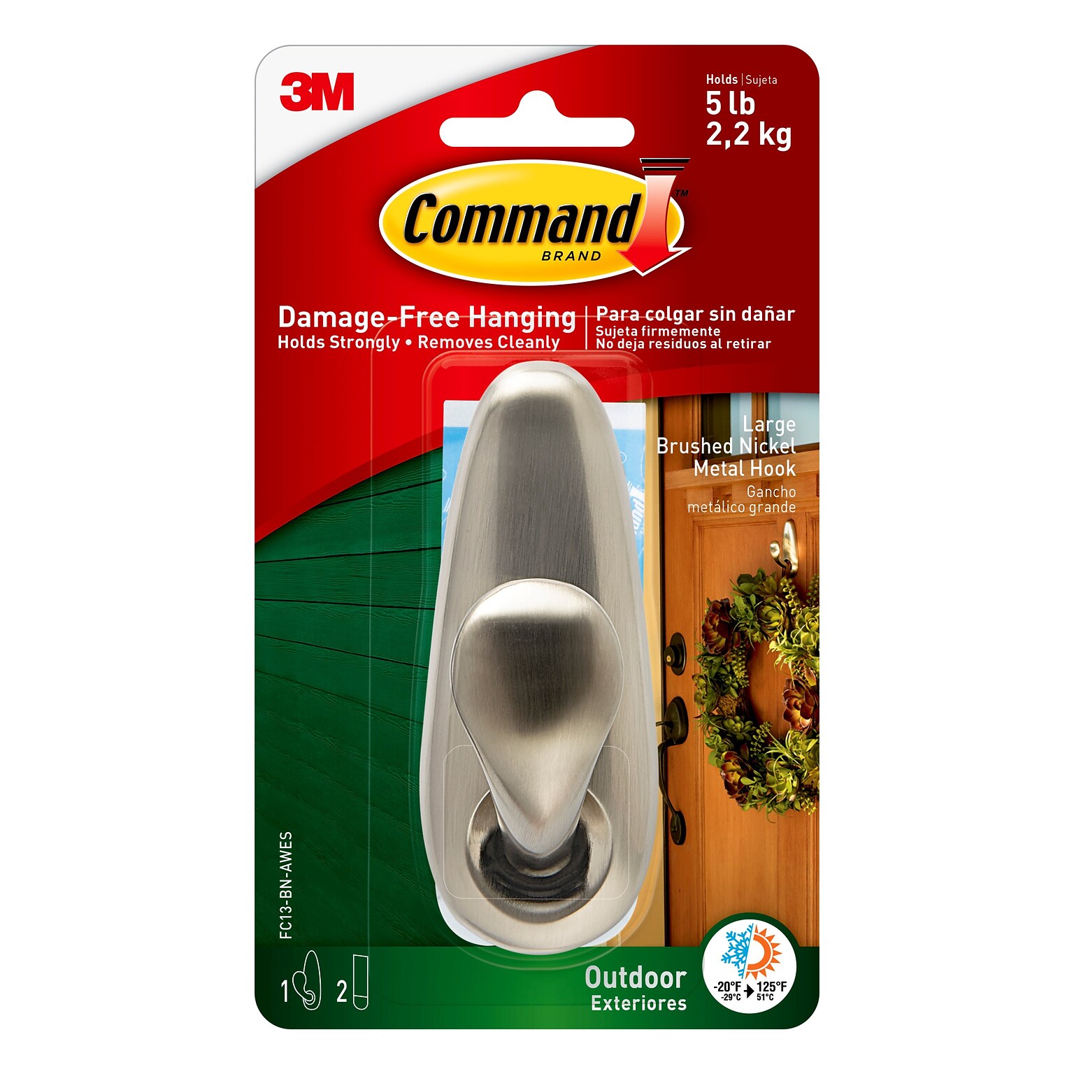 Command  Large Metal Hook, 5 lb., Brushed Nickel (FC13-BN-AWES)