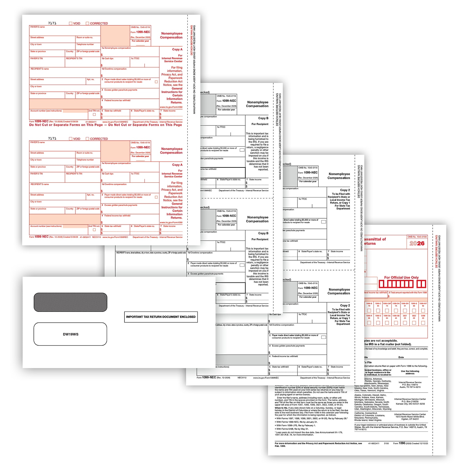 ComplyRight 2026 1099-NEC Tax Form Self-seal envelopes, 4-Part, 3-Up, Copy A, B, C/2, 1096 Transmittal, 25/Pack (NEC6102E25)