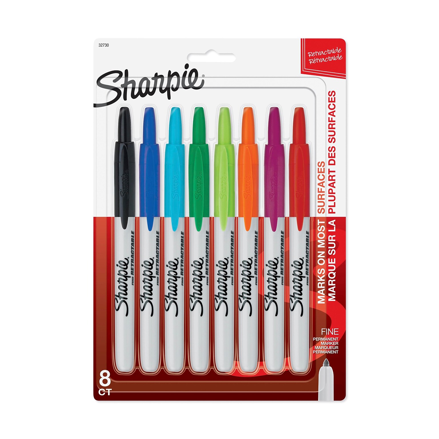 Sharpie Retractable Permanent Markers, Fine Tip, Assorted, 8/Pack (32730)
