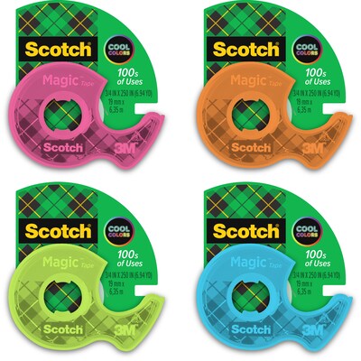 Scotch® Magic™ Tape with Dispenser, 3/4 in x 250 in, Assorted Colors, 12/Pack (102L-COL)