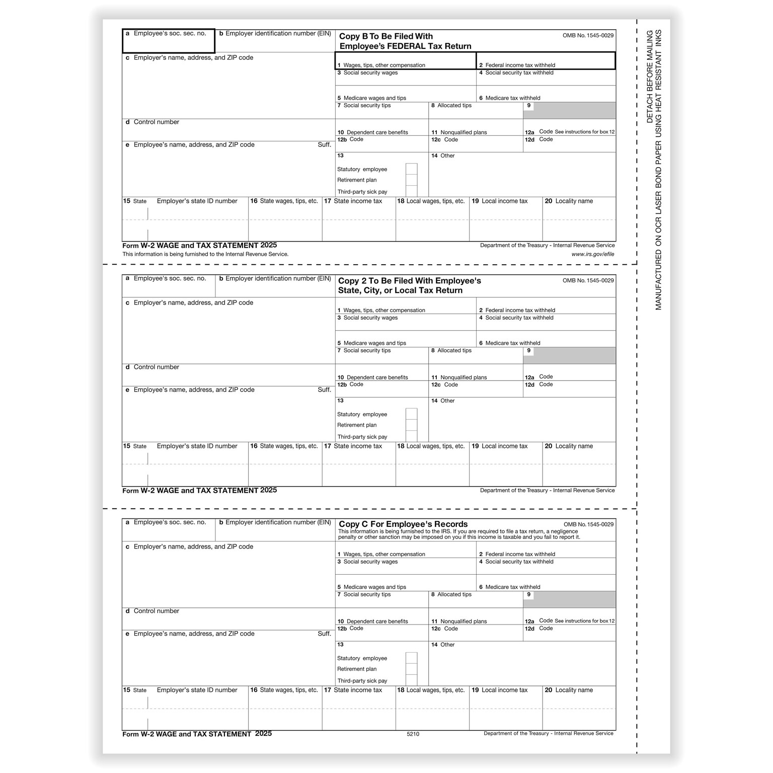 ComplyRight 2025 W-2 Tax Form, 1-Part, 3-Up, Employee Copy B, C, and 2, 50/Pack (521050)