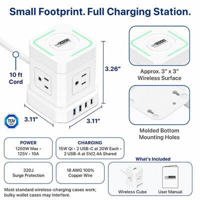 Uncaged Ergonomics Wireless Cube Power Strip with 15W Wireless Charger, 4 AC Outlets, 4 USB Ports, 10' Cord, White (WC-10-W)