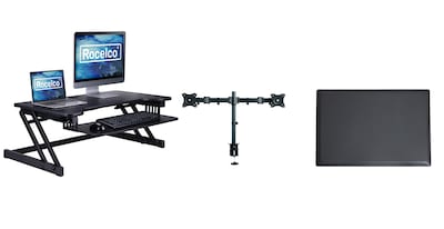 Rocelco 37.5 Height Adjustable Standing Desk Converter with Dual Monitor Arm - Anti Fatigue Mat, Bl