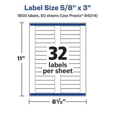 Avery Laser/Inkjet Multipurpose Labels, 0.625" x 3", White, 32 Labels/Sheet, 50 Sheets/Pack (94214)