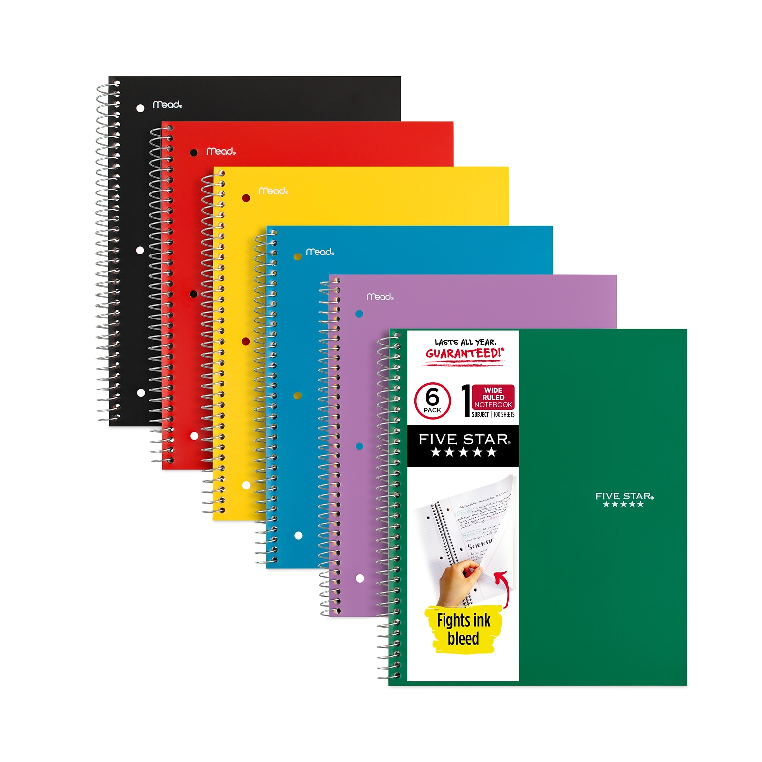 Five Star® 1-Subject Wirebound Notebook, 8 x 10.5, Wide/Legal Rule, 100 Sheets, Assorted Colors, 6/Pack (MEA38042)