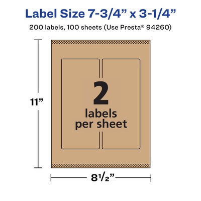 Avery Laser/Inkjet Rectangle Multipurpose Labels, 7.75" x 3.25", Kraft Brown, 200 Labels/Box ( 94260)
