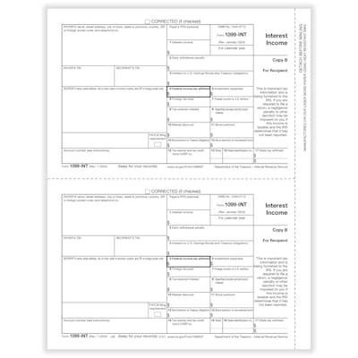 ComplyRight 2024 1099-INT Tax Form, 1-Part, 2-Up, Copy B, 50/Pack (512150)