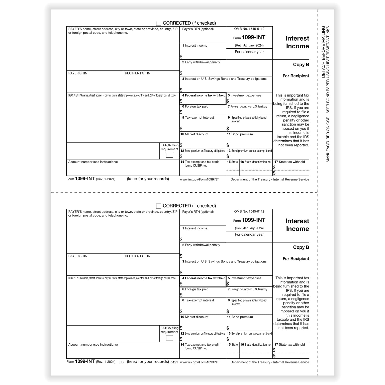 ComplyRight 2024 1099-INT Tax Form, 1-Part, 2-Up, Copy B, 50/Pack (512150)