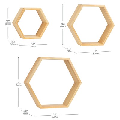 Mind Reader 3-Shelf Bamboo Mouted Honeycomb Hexagon Floating Shelves, 12" x 3.13" x 13.75" (WWALL3PC-BRN)