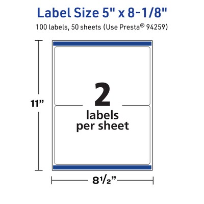 Avery TrueBlock Laser/Inkjet Rectangle Multipurpose Labels, 5" x 8-1/8", White, 100/Box (94259)