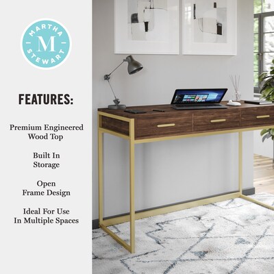 Martha Stewart Ollie 47"W Home Office Desk with 3 Drawers, Walnut/Polished Brass (ZGZP028BRGLD)