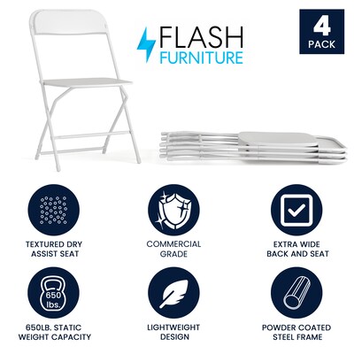 Flash Furniture Hercules™ Plastic Big and Tall Commercial Folding Chair, White, 4/Pack (4LEL3WWH)